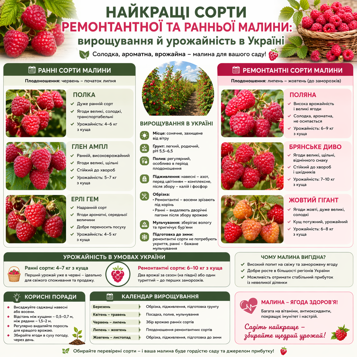 Лучшие сорта ремонтантной и ранней малины: выращивание и урожайность в Украине
