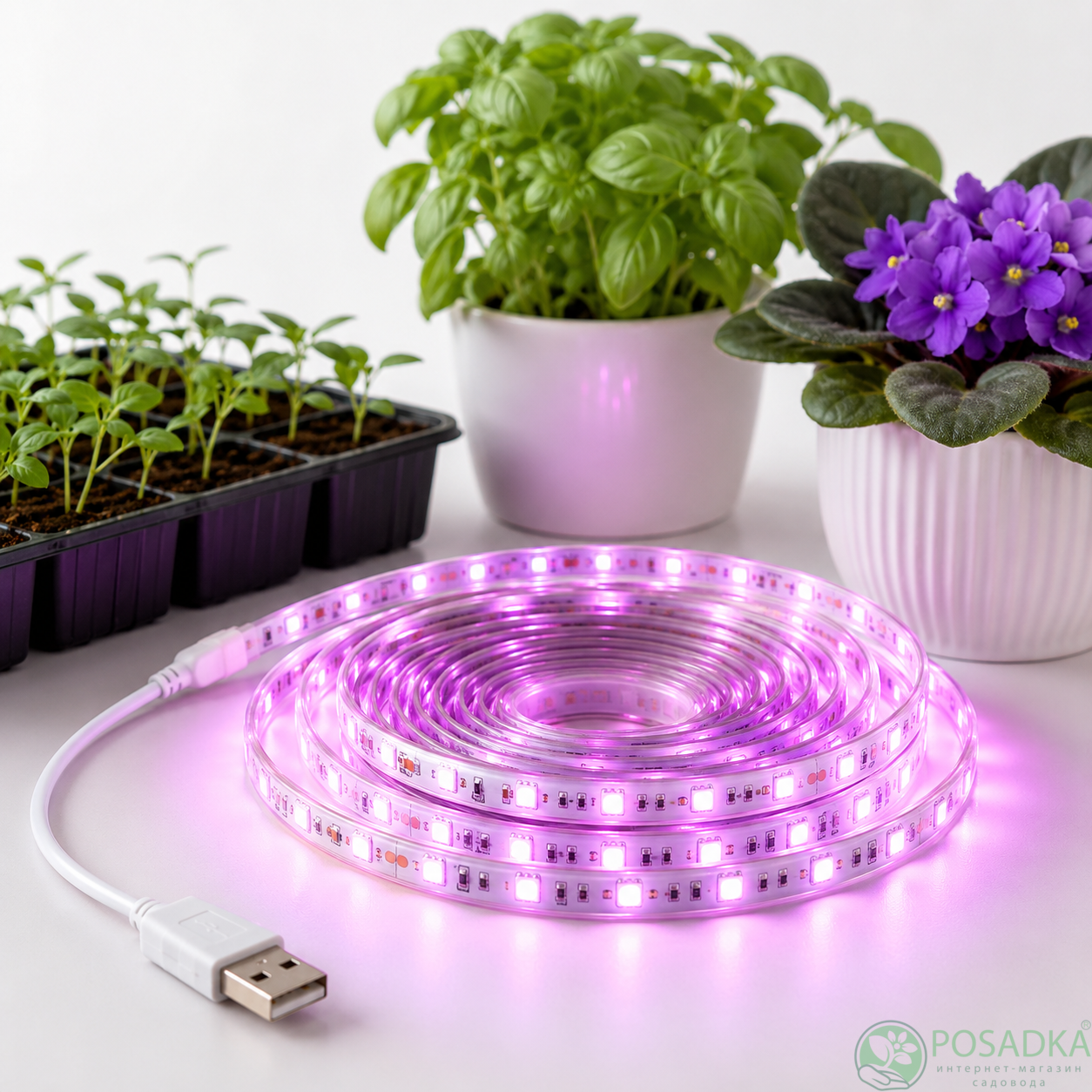 картинка Фитолента для растений 2 м, USB, 5 В, SMD2835 для выращивания рассады 
